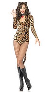 Leopardin (Frau), Kostüm-Dessous-Body, lange Ärmel, Schwanz, Tiermotiv Druck